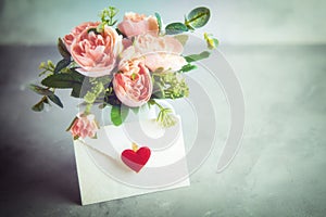 Flowers composition for Valentine`s, Mother`s or Women`s Day. Still-life. Romantic soft gentle artistic image, free space for t