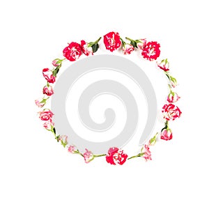 Flowers composition. Wreath made of rose flowers on white background. Flat lay, top view