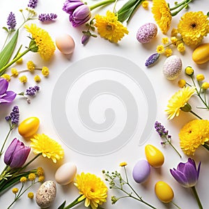 Flowers composition. Yellow and purple flowers on white background. Spring, easter concept. Flat lay, top view, copy space
