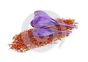Flowers of crocus and dried saffron spice isolated on white background