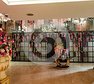 Flowers decoration inside indian wedding banquet hall during evening time in Delhi India