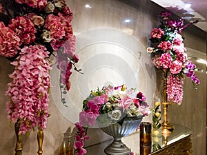 Flowers decoration inside indian wedding banquet hall during evening time in Delhi India