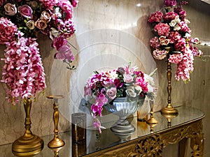 Flowers decoration inside indian wedding banquet hall during evening time in Delhi India