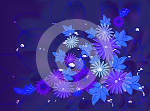 Flowers on deep blue background with dew and stars. EPS10 vector illustration