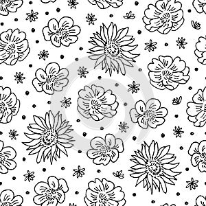 Flowers doodle hand drawn pattern, vector floral background