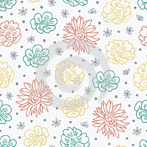 Flowers doodle hand drawn pattern, vector floral background