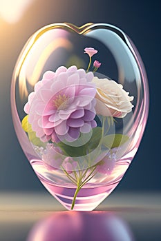 Flowers encased in an anatomical glass heart. Generative AI