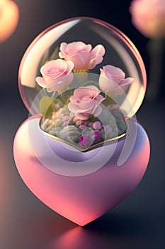 Flowers encased in an anatomical glass heart, pastel muted colors