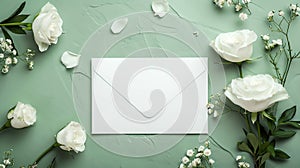 Flowers and envelope on green background. Invitation mockup, postcard from a white sheet of paper, an empty envelope and