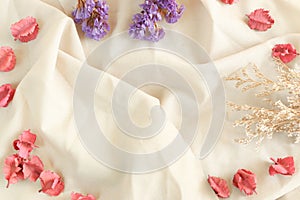 Flowers on fabric background of Copy space