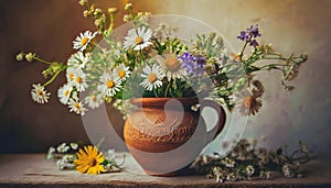 Flowers from the field in a clay vase. Spring motif. AI generative
