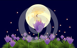 Flowers and fireflies under the moonlight-illustra
