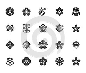 Flowers flat glyph icons. Beautiful garden plants - sunflower, poppy, cherry flower, lavender, gerbera, plumeria