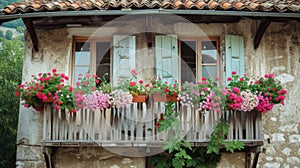 Flowers in Flower pot hanging on on traditional Balcony Fence, Spring Beautiful Balcony Flowers on Sunset