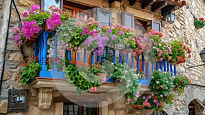 Flowers in Flower pot hanging on on traditional Balcony Fence, Spring Beautiful Balcony Flowers on Sunset