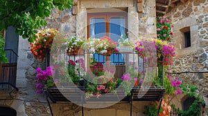 Flowers in Flower pot hanging on on traditional Balcony Fence, Spring Beautiful Balcony Flowers on Sunset