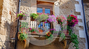 Flowers in Flower pot hanging on on traditional Balcony Fence, Spring Beautiful Balcony Flowers on Sunset