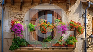 Flowers in Flower pot hanging on on traditional Balcony Fence, Spring Beautiful Balcony Flowers on Sunset