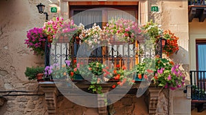 Flowers in Flower pot hanging on on traditional Balcony Fence, Spring Beautiful Balcony Flowers on Sunset