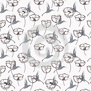 Flowers and flying hummingbird seamless pattern