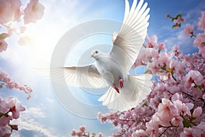 Flowers and flying white dove. Peace symbol background. Generative AI