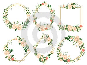 Flowers frame. Flower border frames, round bloom and decorative wedding floral square card vector illustration set