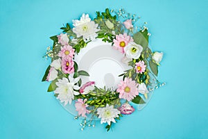Flowers in frame isolated on blue background. Spring concept
