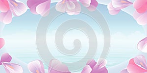 Flowers frame. Pink petals against background of turquoise sea. View from the window. Vector