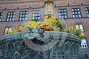 Flowers in front of the facade of the Copenhagen City Hall