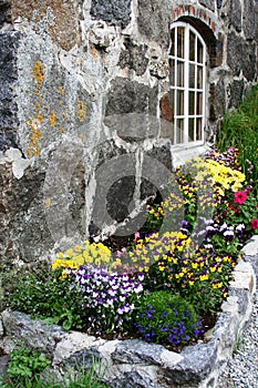 Flowers in front of a pub