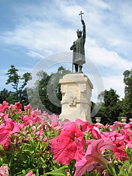 Flowers in Front of a Stefan Cel Mare Statue in Moldova - MOLDOVA