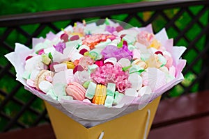 Flowers, fruit bouquet, pink carnation, marshmallows, macaroons, nature