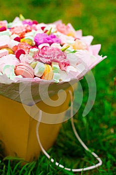 Flowers, fruit bouquet, pink carnation, marshmallows, macaroons, nature