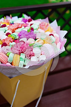 Flowers, fruit bouquet, pink carnation, marshmallows, macaroons, nature