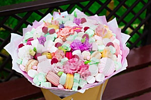 Flowers, fruit bouquet, pink carnation, marshmallows, macaroons, nature