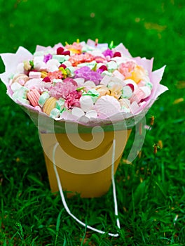 Flowers, fruit bouquet, pink carnation, marshmallows, macaroons, nature