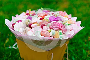 Flowers, fruit bouquet, pink carnation, marshmallows, macaroons, nature