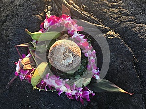 Flowers and fruit offering to God on lava plane in Hawaii