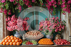 Flowers and fruits adorn an antique wooden table in front of a blue door.
