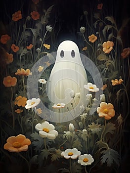 Flowers ghost portrait print, orange floral ghost