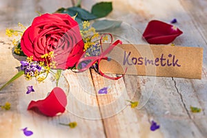 Mothers Day or Valentines Day gift card, voucher or coupon with german word, Kostmetik, means cosmetics