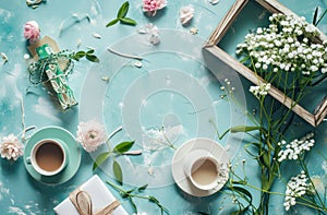 flowers, gift wrap, dinnerware and a wooden frame