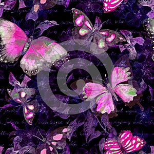 Flowers, glowing butterflies, hand written text note at black background. Watercolor. Seamless pattern