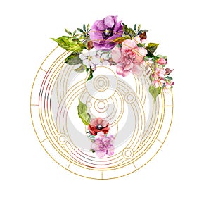 Flowers with golden esoteric circles. Watercolor for sacred magic, mysticism, yoga