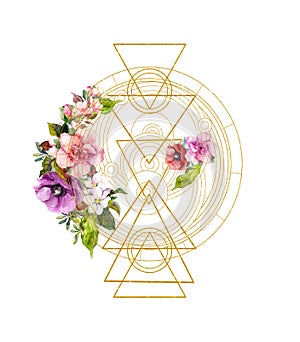 Flowers with golden magic triangles, circles. Watercolor geometric design for for astrology, mysticism, yoga