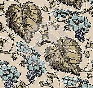 Flowers. Grapes. Beautiful background from leaves.