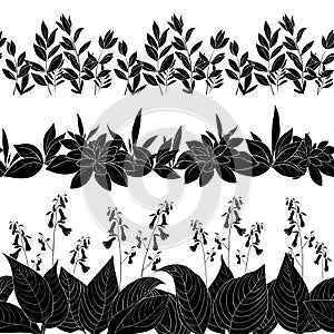 Flowers and grass silhouette, set seamless