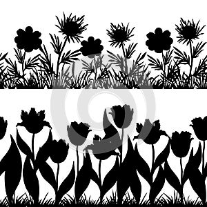 Flowers and grass silhouette, set seamless