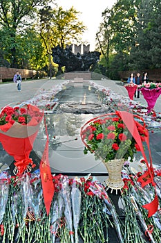 Flowers on the Great Patriotic War Monument. Park of 28 Panfilov Guardsmen. Almaty. Kazakhstan