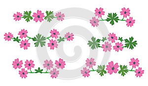 Flowers with green leaves - floral design elements as decorative delimiters - vector set